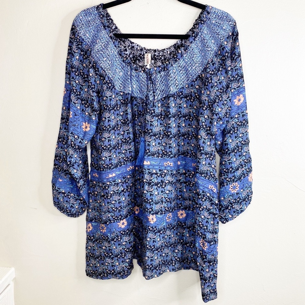 RAGA Blue Paisley Off Shoulder Tunic Mini Dress‎